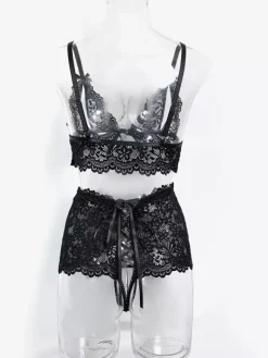 Lingerie Cupless Lace Black Bra Panty 2-Piece Sets