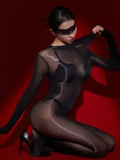 Lingerie Hosiery Bodystockings Black Glossy Smooth High-Thigh Seamless Full-Body Catsuit Stockings