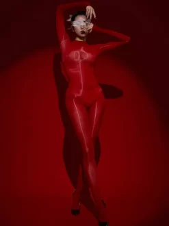 Lingerie Hosiery Bodystockings Black Glossy Smooth High-Thigh Seamless Full-Body Catsuit Stockings
