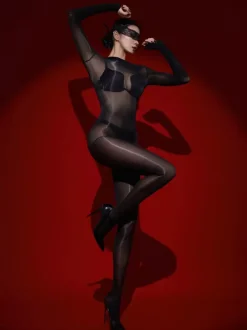 Lingerie Hosiery Bodystockings Black Glossy Smooth High-Thigh Seamless Full-Body Catsuit Stockings