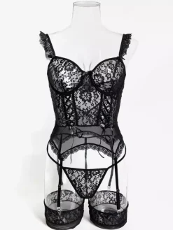 Lingerie Hosiery Bodystockings Sexy Black Floral Print Cut Out 3-Piece Sets