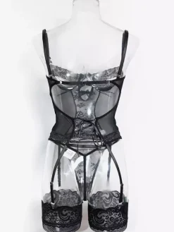 Lingerie Hosiery Bodystockings Black Floral Print Nets Sheer 3-Piece Sets