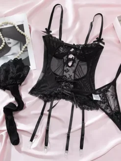 Lingerie Hosiery Bodystockings Black Floral Print Nets Sheer 3-Piece Sets