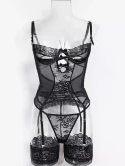 Lingerie Hosiery Bodystockings Black Floral Print Nets Sheer 3-Piece Sets