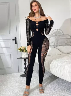 Lingerie Hosiery Bodystockings Black Lace Rhinestones Long Sleeve Cutout Sheer Full Body Stockings