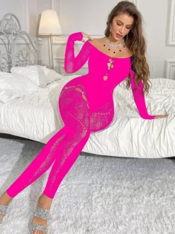 Lingerie Hosiery Bodystockings Black Lace Rhinestones Long Sleeve Cutout Sheer Full Body Stockings