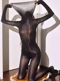 Lingerie Hosiery Bodystockings Unisex Nude Seamless High-Neck Glossy Full Body 5D Thigh High Cut Catsuit