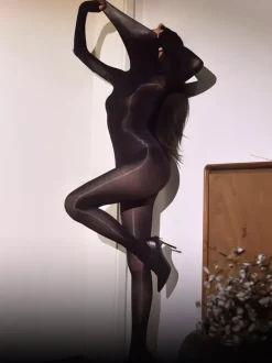 Lingerie Hosiery Bodystockings Unisex Nude Seamless High-Neck Glossy Full Body 5D Thigh High Cut Catsuit