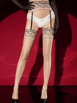 Lingerie Hosiery Pantyhose Sexy Purple Glossy Black Lace Up Sheer Thigh Highs Printed Two-Tone Lace Waist Bodystocking With Garters