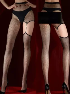 Lingerie Hosiery Pantyhose Women Black Polyester Sheer Fishnet With Chains