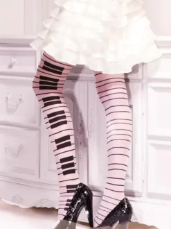 Lingerie Hosiery Pantyhose Black+White Beige Piano Key Print Tights