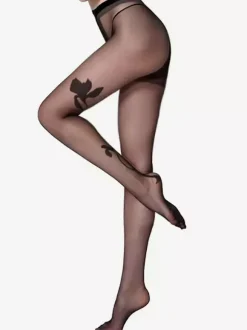 Lingerie Hosiery Pantyhose Women Black Black Sheer Floral Tattoo Print Tights