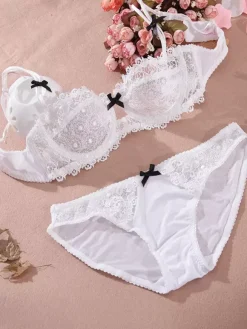 Lingerie 2-Piece Lace White Bra Panty Thong Sets