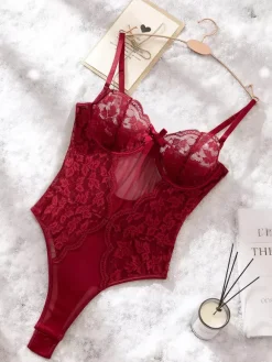 Lingerie Teddies Lace Corset Burgundy Sheer Mesh Spaghetti Straps Teddies