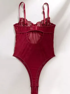 Lingerie Teddies Lace Corset Burgundy Sheer Mesh Spaghetti Straps Teddies