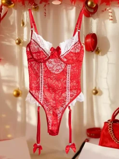 Lingerie Teddies Two-Tone Bows Black Red Contrast White Trim Bodysuit With Garter Straps