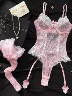 Lingerie Two-Tone Lace Backless Pink Color Block Sexy Teddies With Stockings