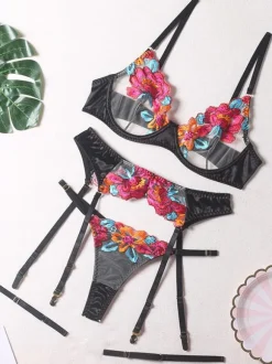 Lingerie Bras Set Women Bra Blue Lace 3-Piece Sexy Hot Underwear