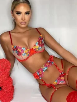 Lingerie Bras Set Women Bra Blue Lace 3-Piece Sexy Hot Underwear