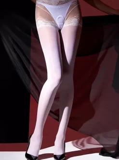 Lingerie Hosiery Pantyhose Women Crotchless Sheer Red Acrylic Lace Solid Color Pantyhose