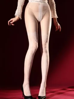 Lingerie Hosiery Pantyhose Women Burgundy Floral Print Claret Red Fake Garter Tights