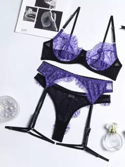 Lingerie Sets Purple Black Contrast Lace Harness Underwire Bra Garter Panty Sets