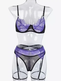 Lingerie Sets Purple Black Contrast Lace Harness Underwire Bra Garter Panty Sets