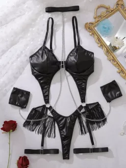 Lingerie Teddies Fringe Black Sexy Teddies With Rhinestone Chain