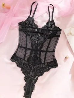 Lingerie Teddies Lace Black Bustier Sheer Mesh Bodysuit