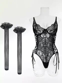 Lingerie Teddies Lace Up Pink Lace With Knee-high Socks