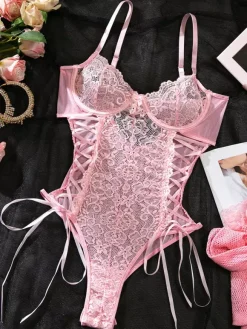 Lingerie Teddies Lace Up Pink Lace With Knee-high Socks
