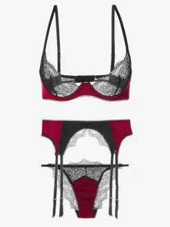 Lingerie Two-Tone Chic Burgundy Bra Panty Garter Sets