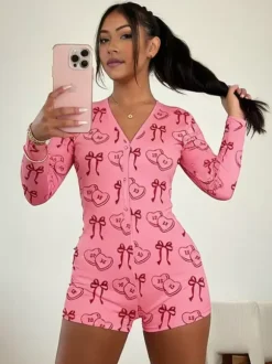 Lips Print Romper Pajamas For Women - Sexy V Neck Long Sleeve Button Front Bodycon Onesie Sleepwear - Valentine's Day 2026