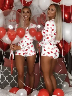Lips Print Romper Pajamas For Women - Sexy V Neck Long Sleeve Button Front Bodycon Onesie Sleepwear - Valentine's Day 2026