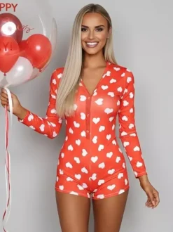Lips Print Romper Pajamas For Women - Sexy V Neck Long Sleeve Button Front Bodycon Onesie Sleepwear - Valentine's Day 2026
