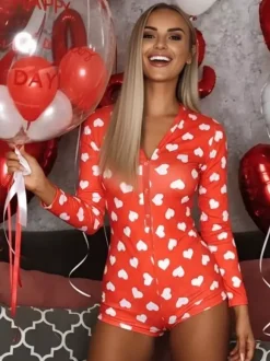 Lips Print Romper Pajamas For Women - Sexy V Neck Long Sleeve Button Front Bodycon Onesie Sleepwear - Valentine's Day 2026