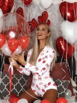 Lips Print Romper Pajamas For Women - Sexy V Neck Long Sleeve Button Front Bodycon Onesie Sleepwear - Valentine's Day 2026