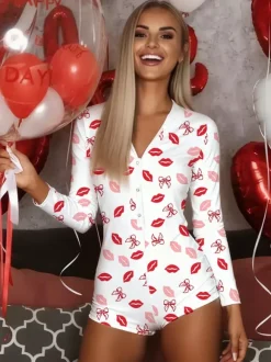 Lips Print Romper Pajamas For Women - Sexy V Neck Long Sleeve Button Front Bodycon Onesie Sleepwear - Valentine's Day 2026