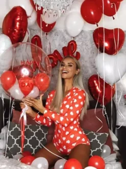Lips Print Romper Pajamas For Women - Sexy V Neck Long Sleeve Button Front Bodycon Onesie Sleepwear - Valentine's Day 2026
