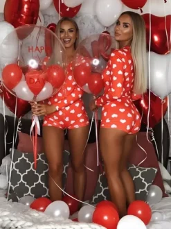 Lips Print Romper Pajamas For Women - Sexy V Neck Long Sleeve Button Front Bodycon Onesie Sleepwear - Valentine's Day 2026