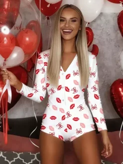 Lips Print Romper Pajamas For Women - Sexy V Neck Long Sleeve Button Front Bodycon Onesie Sleepwear - Valentine's Day 2026