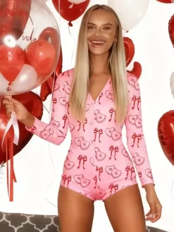 Lips Print Romper Pajamas For Women - Sexy V Neck Long Sleeve Button Front Bodycon Onesie Sleepwear - Valentine's Day 2026