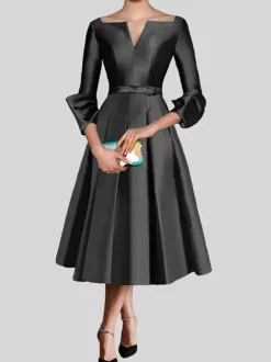Little Black Dress Pretty V-Neck 3/4 Length Sleeves Bows Satin Fabric A-Line