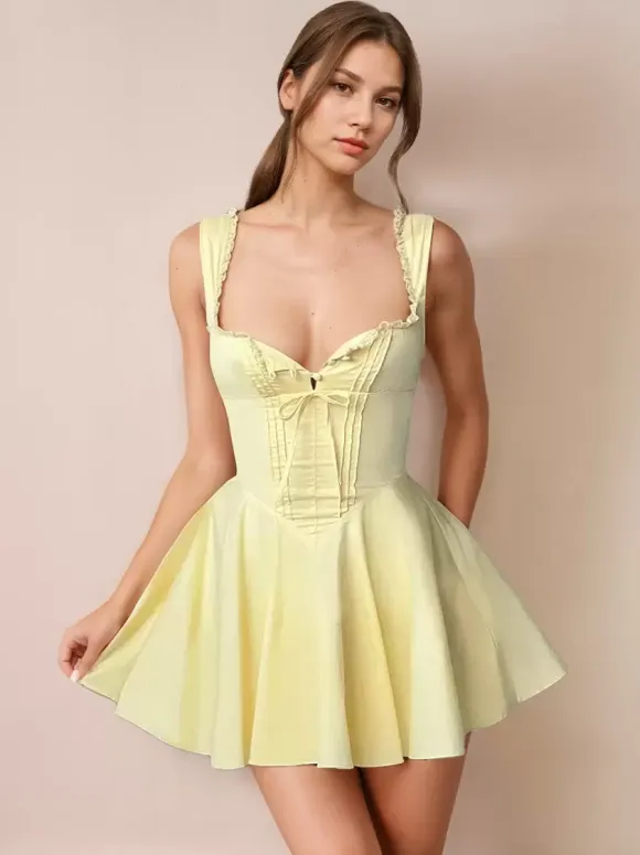 Little Black Dress Tie Front Lace Up Short Swing Dress