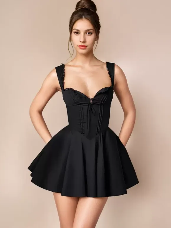 Little Black Dress Tie Front Lace Up Short Swing Dress