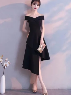 Little Black Dresses Asymmetrical Off The Shoulder Cocktail Party Dress Wedding Guest Dress