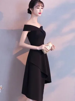 Little Black Dresses Asymmetrical Off The Shoulder Cocktail Party Dress Wedding Guest Dress
