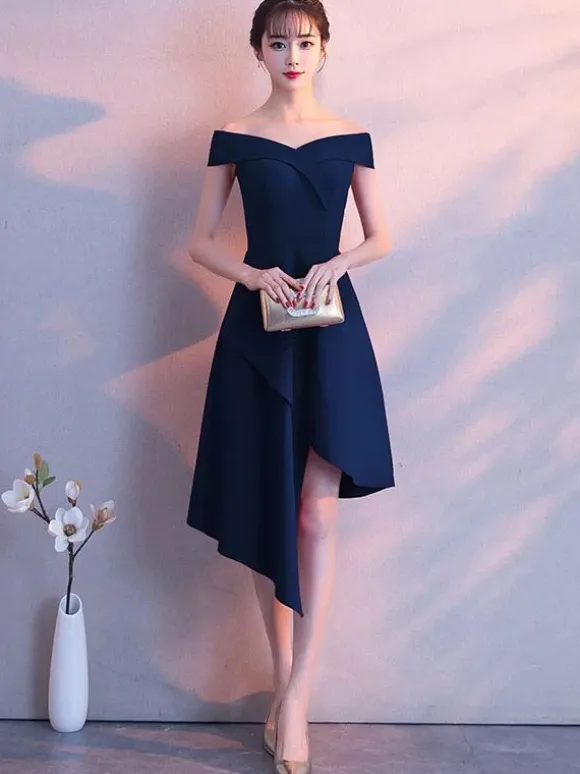Little Black Dresses Asymmetrical Off The Shoulder Cocktail Party Dress Wedding Guest Dress