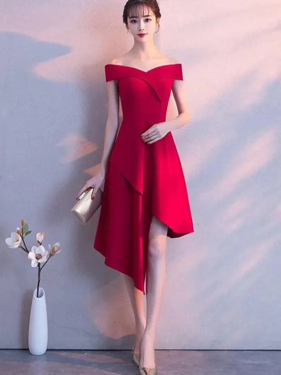 Little Black Dresses Asymmetrical Off The Shoulder Cocktail Party Dress Wedding Guest Dress