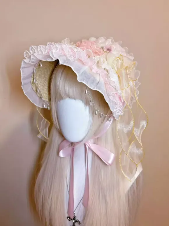 Lolita Bonnet Headdress Accessories Light Pink Flowers Hairband Hat